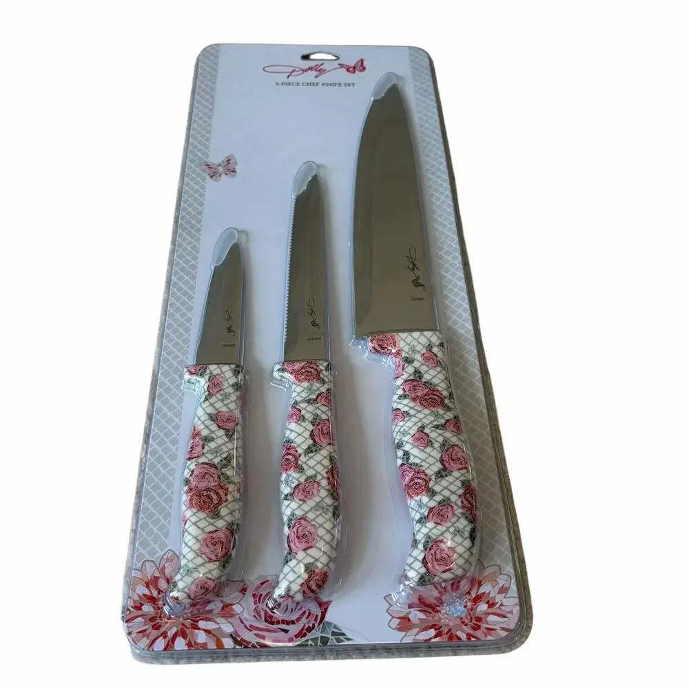 New Dolly Parton 3-Piece Chef Knife Set w/ Floral Rose Handle